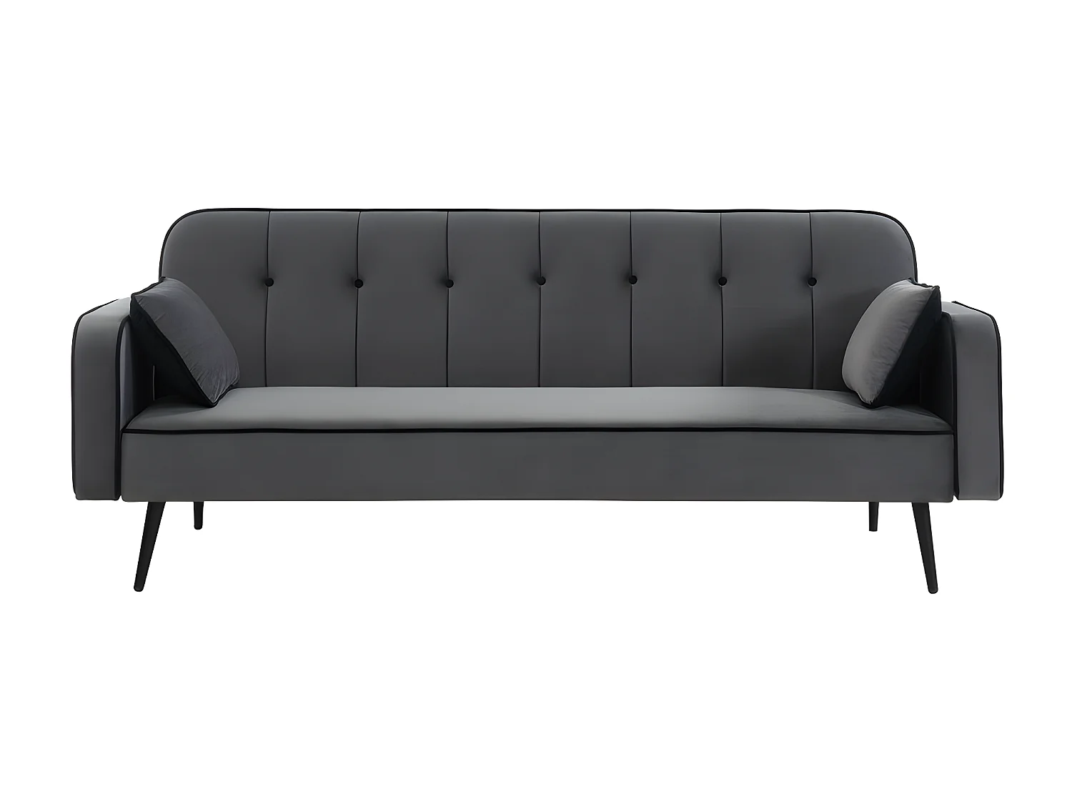 Canapé droit convertible  SWEETY en velours gris 3 places pieds métal noir et 2 coussins