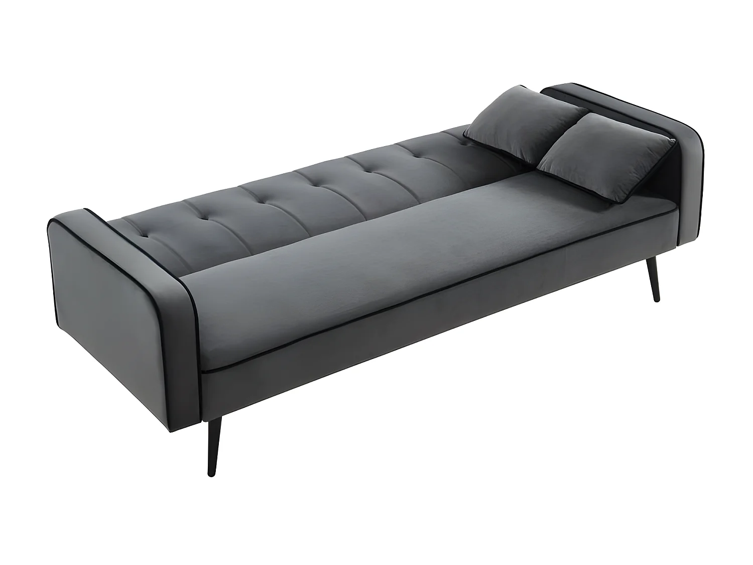 Canapé droit convertible  SWEETY en velours gris 3 places pieds métal noir et 2 coussins