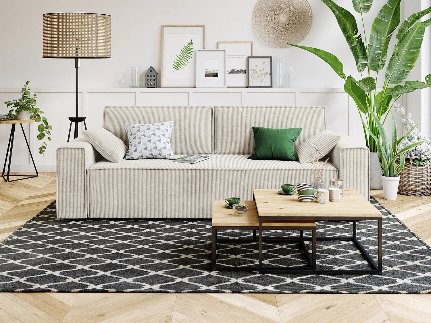 Canapé droit MIRAGE convertible velours côtelé beige