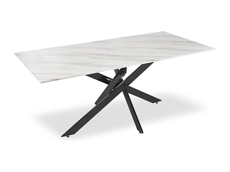 Table à manger Naelle en Verre effet marbre blanc et pieds Métal Noir
