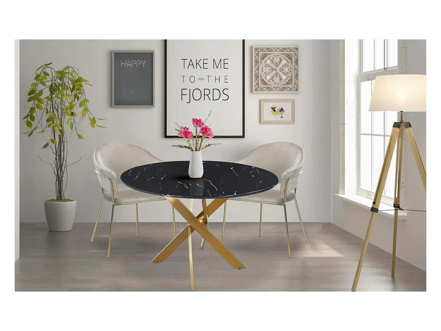 Table ronde Corix Verre effet Marbre Noir et pieds Or