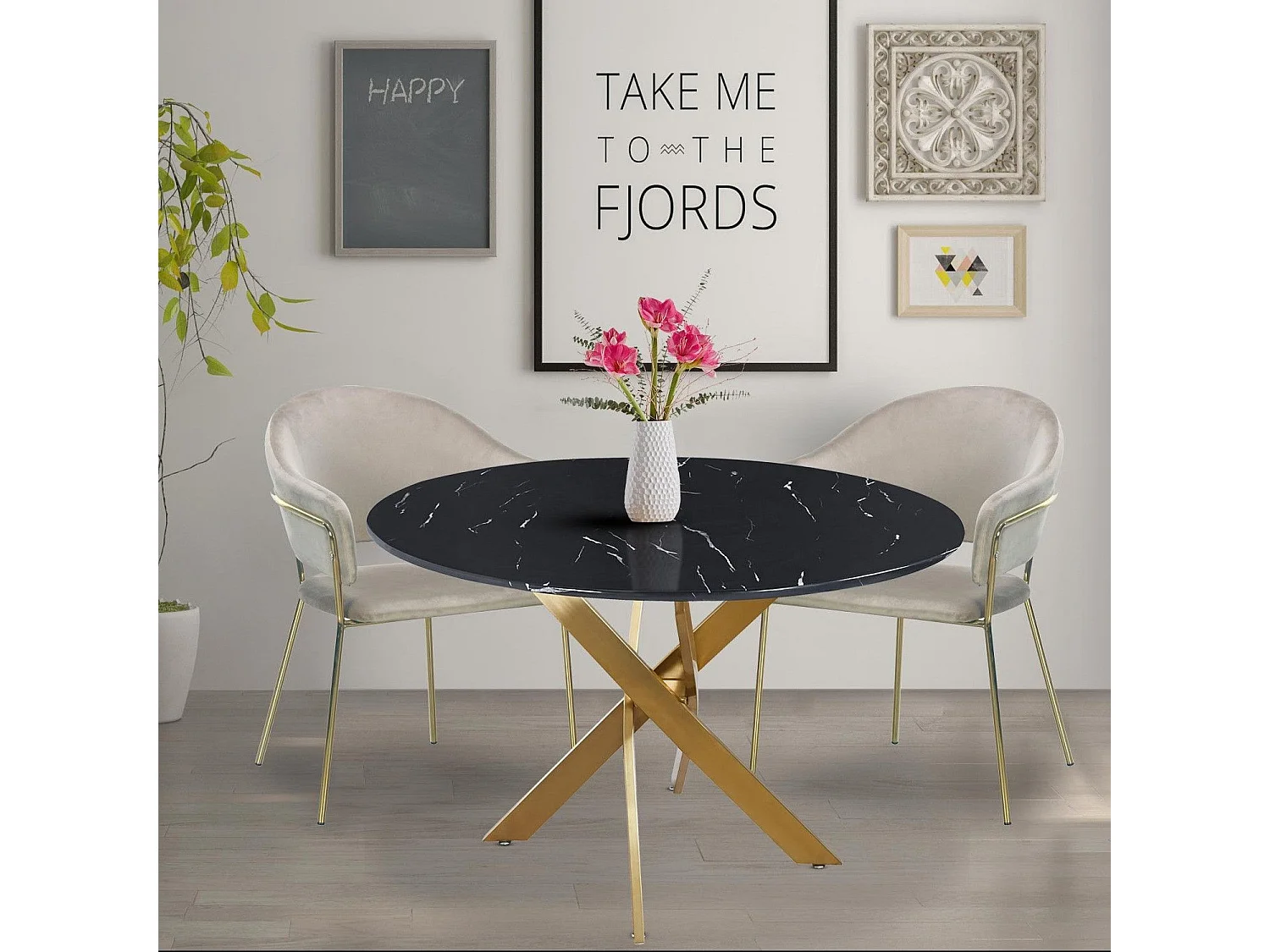 Table ronde Corix Verre effet Marbre Noir et pieds Or