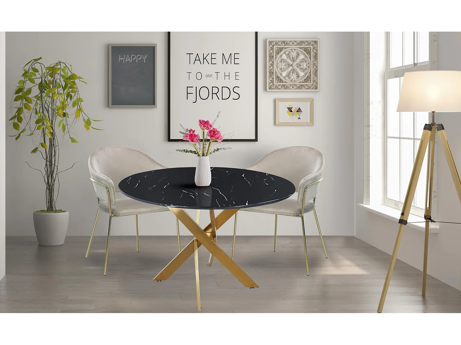 Table ronde Corix Verre effet Marbre Noir et pieds Or