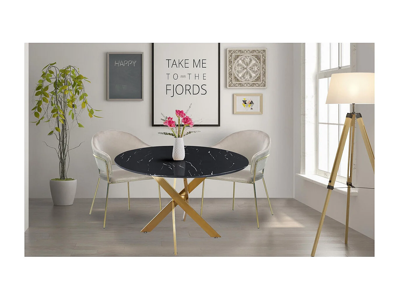 Table ronde Corix Verre effet Marbre Noir et pieds Or