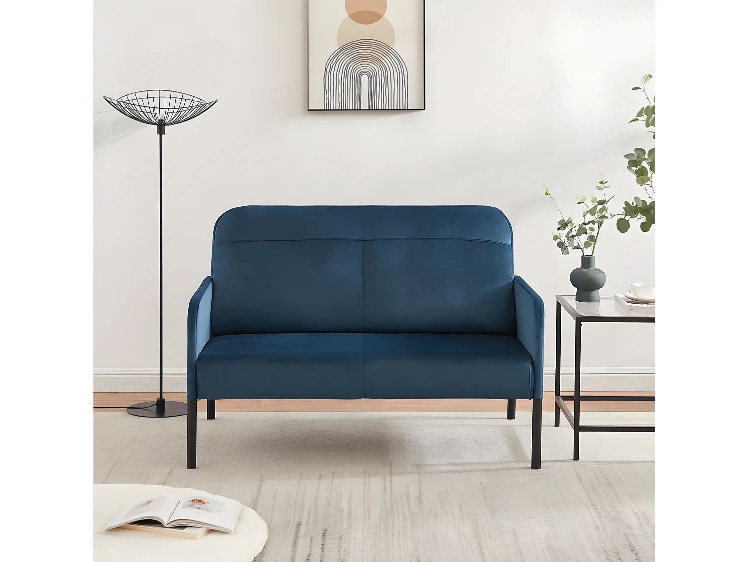 Canapé droit LIAM en velours bleu fixe