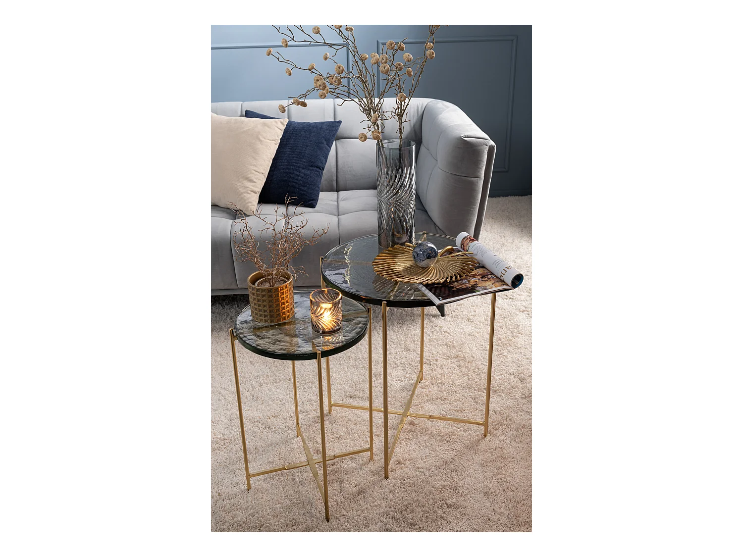 Lot de 2 Tables Gigognes "Obi" 58cm Transparent & Or