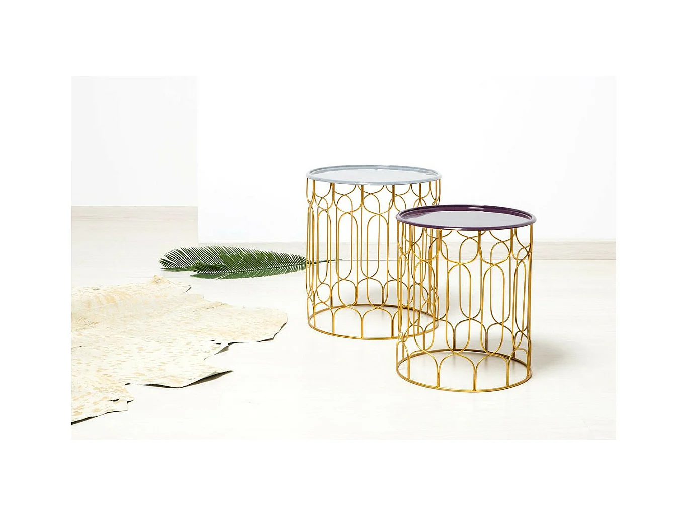 Lot de 2 Tables d'Appoint Déco "Timba" 49cm Gris & Prune