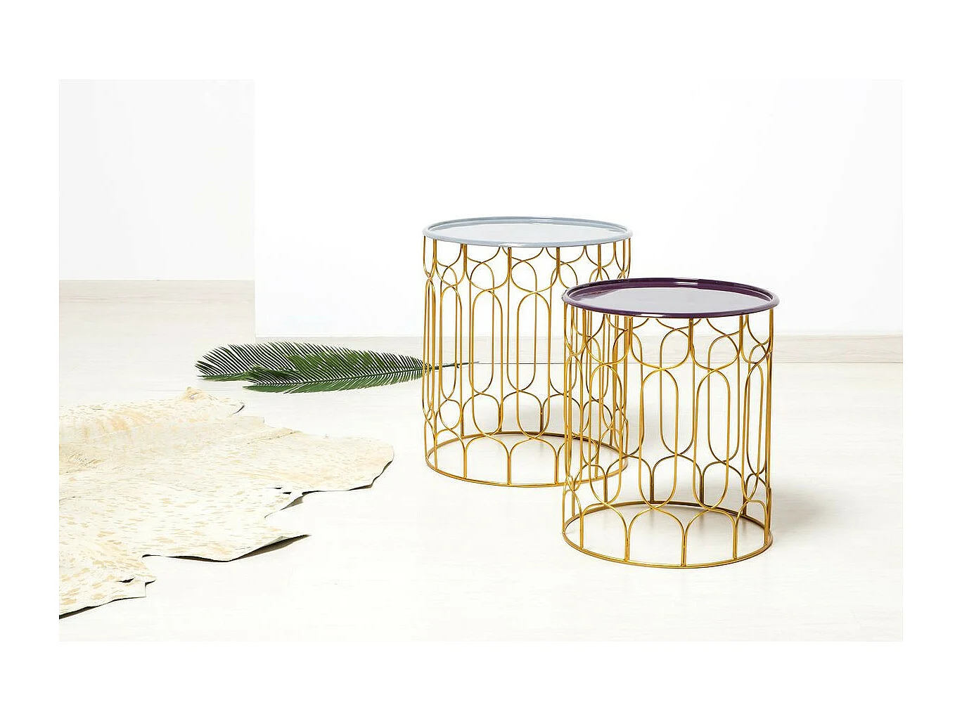 Lot de 2 Tables d'Appoint Déco "Timba" 49cm Gris & Prune