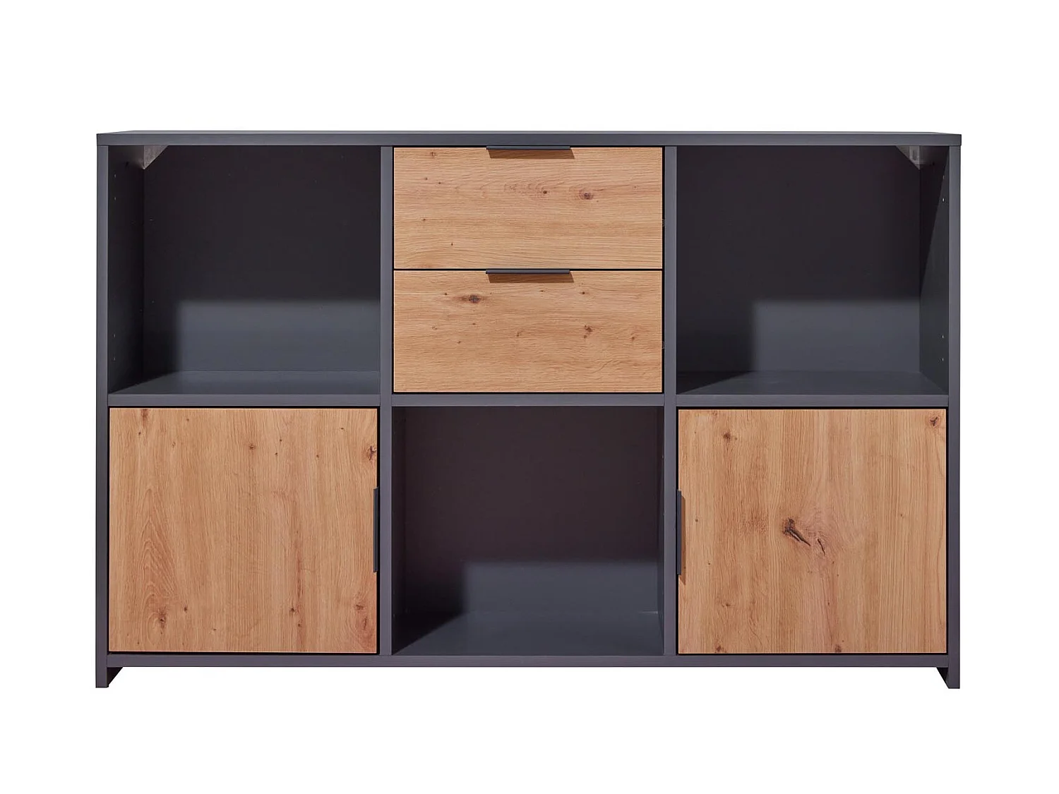 Credenza Pepeto 2 cassetti, 2 ante, 3 ripiani grigia, decoro rovere Artisan.