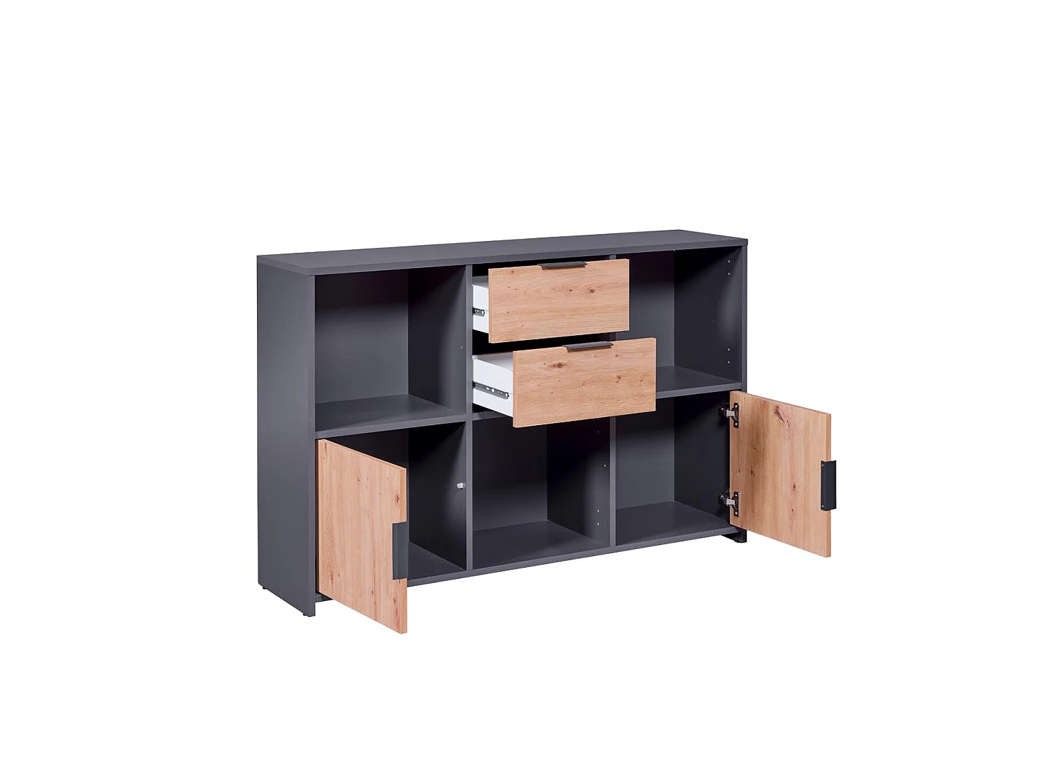 Commode 2 Portes "Gemeno" 120cm Gris & Chêne