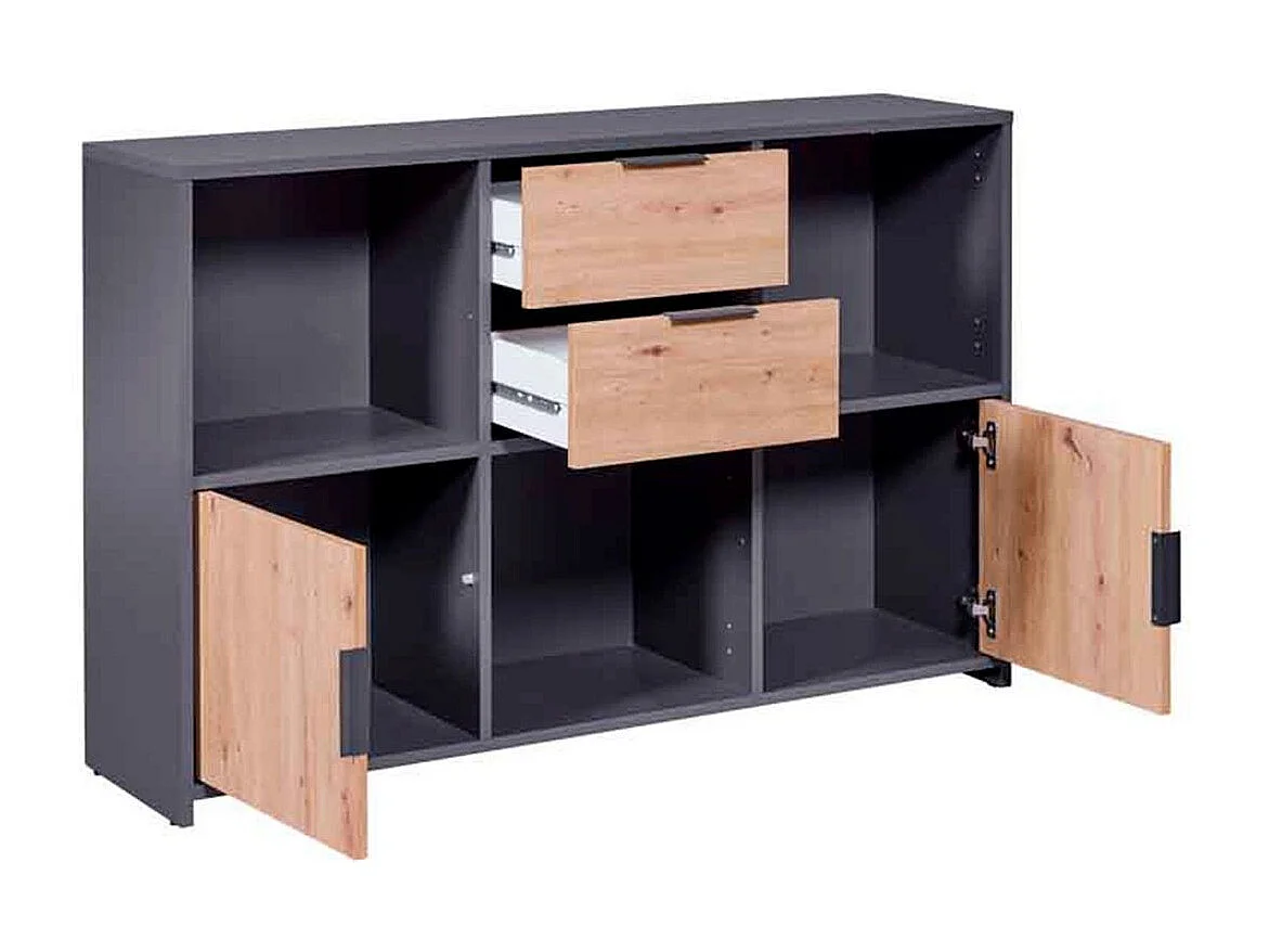 Commode 2 Portes "Gemeno" 120cm Gris & Chêne