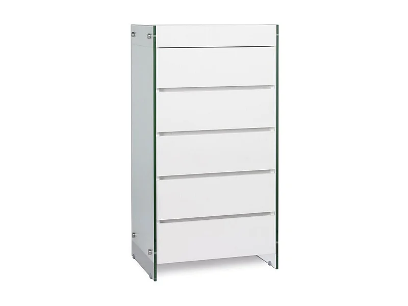 Meuble de rangement 5 tiroirs bois laqué blanc et pieds verre trempé Dyn