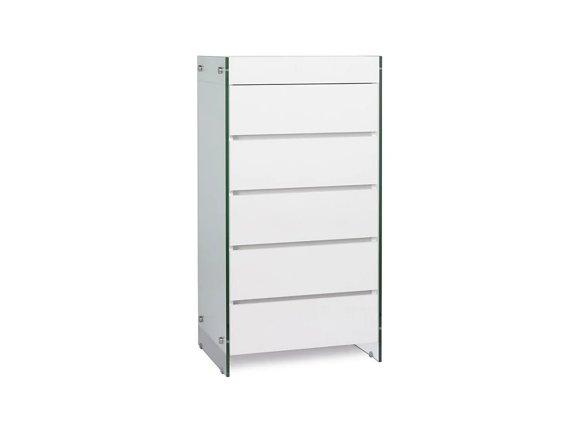 Meuble de rangement 5 tiroirs bois laqué blanc et pieds verre trempé Dyn