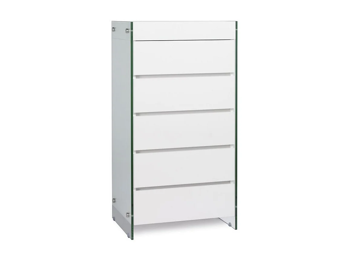 Meuble de rangement 5 tiroirs bois laqué blanc et pieds verre trempé Dyn