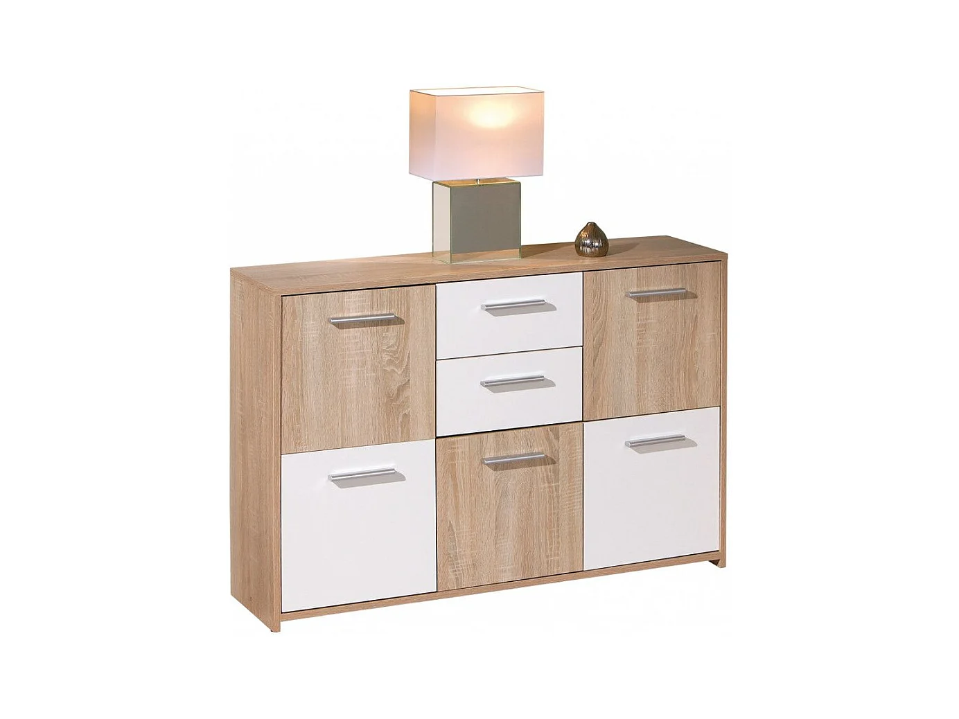 Commode 5 Portes "Victoria" 115cm Blanc & Naturel