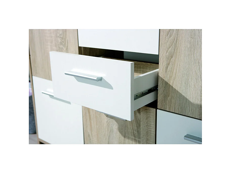 Commode 5 Portes "Victoria" 115cm Blanc & Naturel