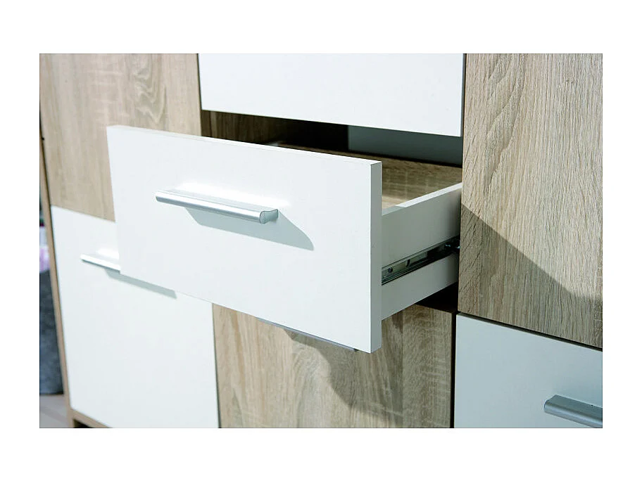 Commode 5 Portes "Victoria" 115cm Blanc & Naturel