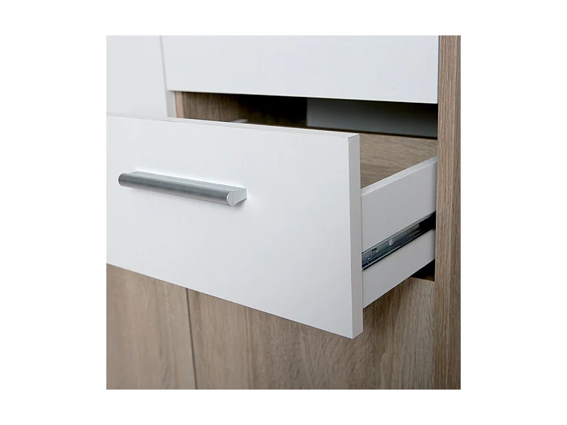 Elzia witte melamine en licht eiken 3-deurs ladekast met 2 laden