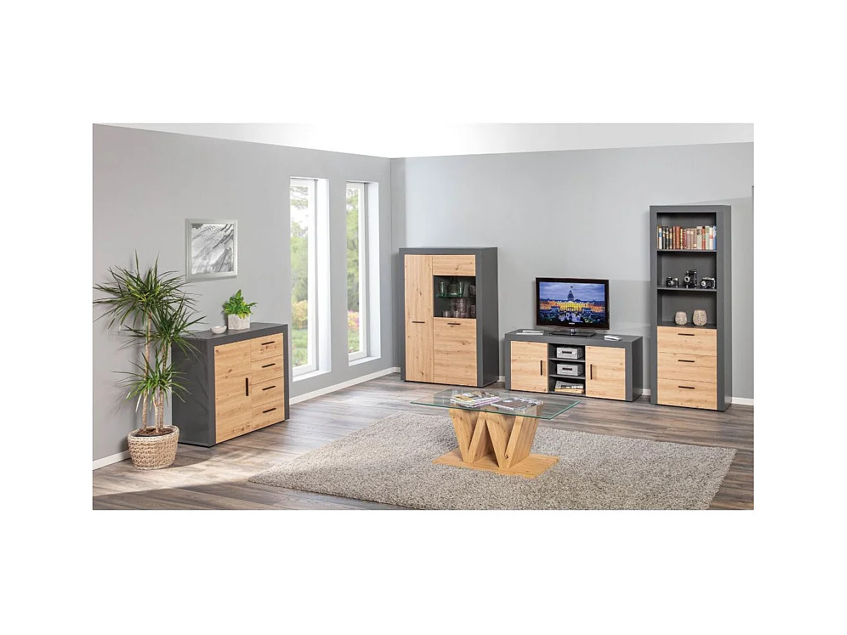 Corbeto1T4S Kommode 4 Schubladen, 1 Tür Anthrazit, Eiche Artisan Dekor.