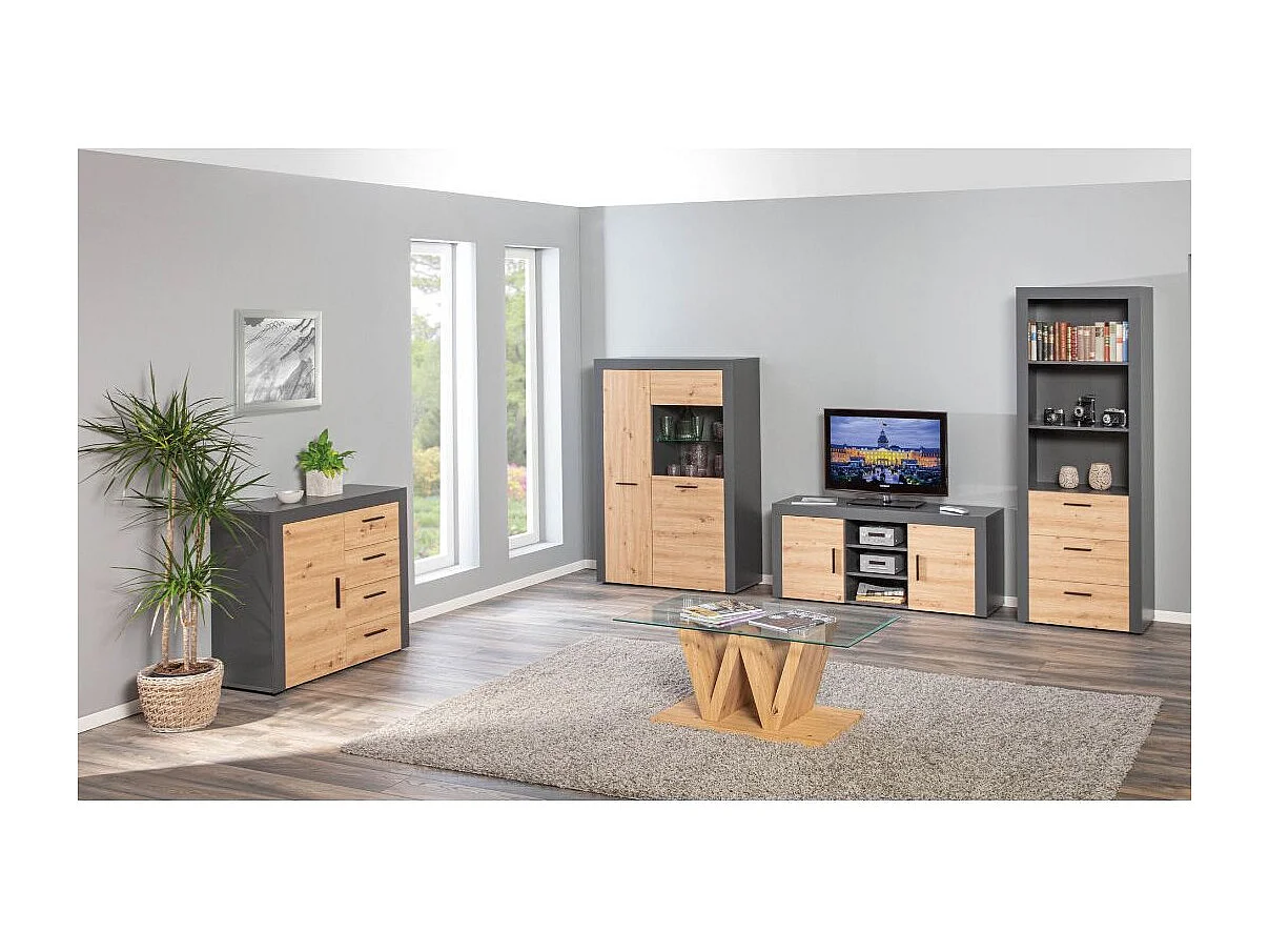 Commode 4 Tiroirs "Tabel" 94cm Chêne & Anthracite