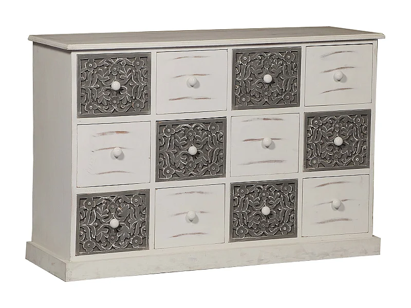 Commode 12 Tiroirs Changmay Bois Gris Et Blanc