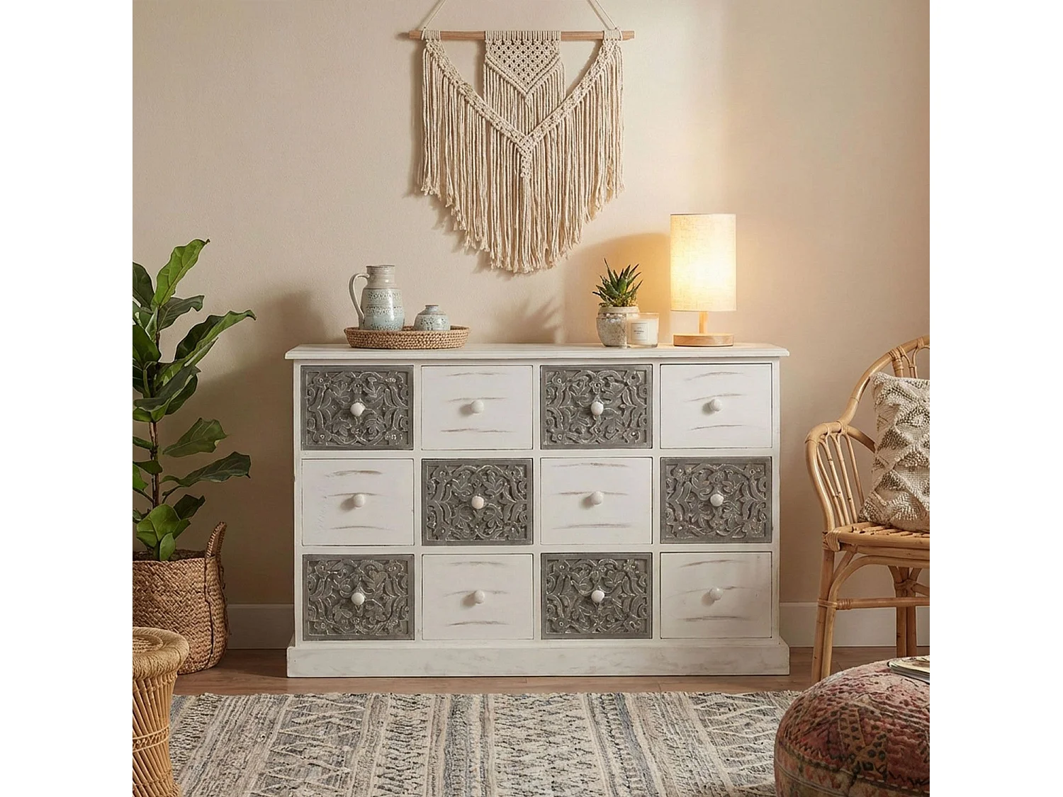 Commode 12 Tiroirs Changmay Bois Gris Et Blanc