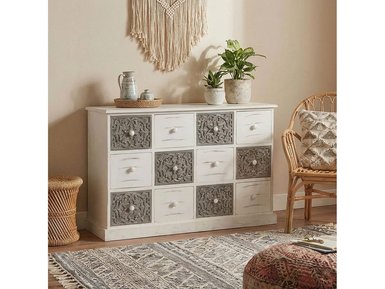 Commode 12 Tiroirs Changmay Bois Gris Et Blanc