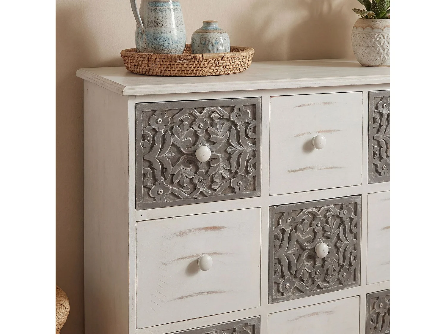 Commode 12 Tiroirs Changmay Bois Gris Et Blanc