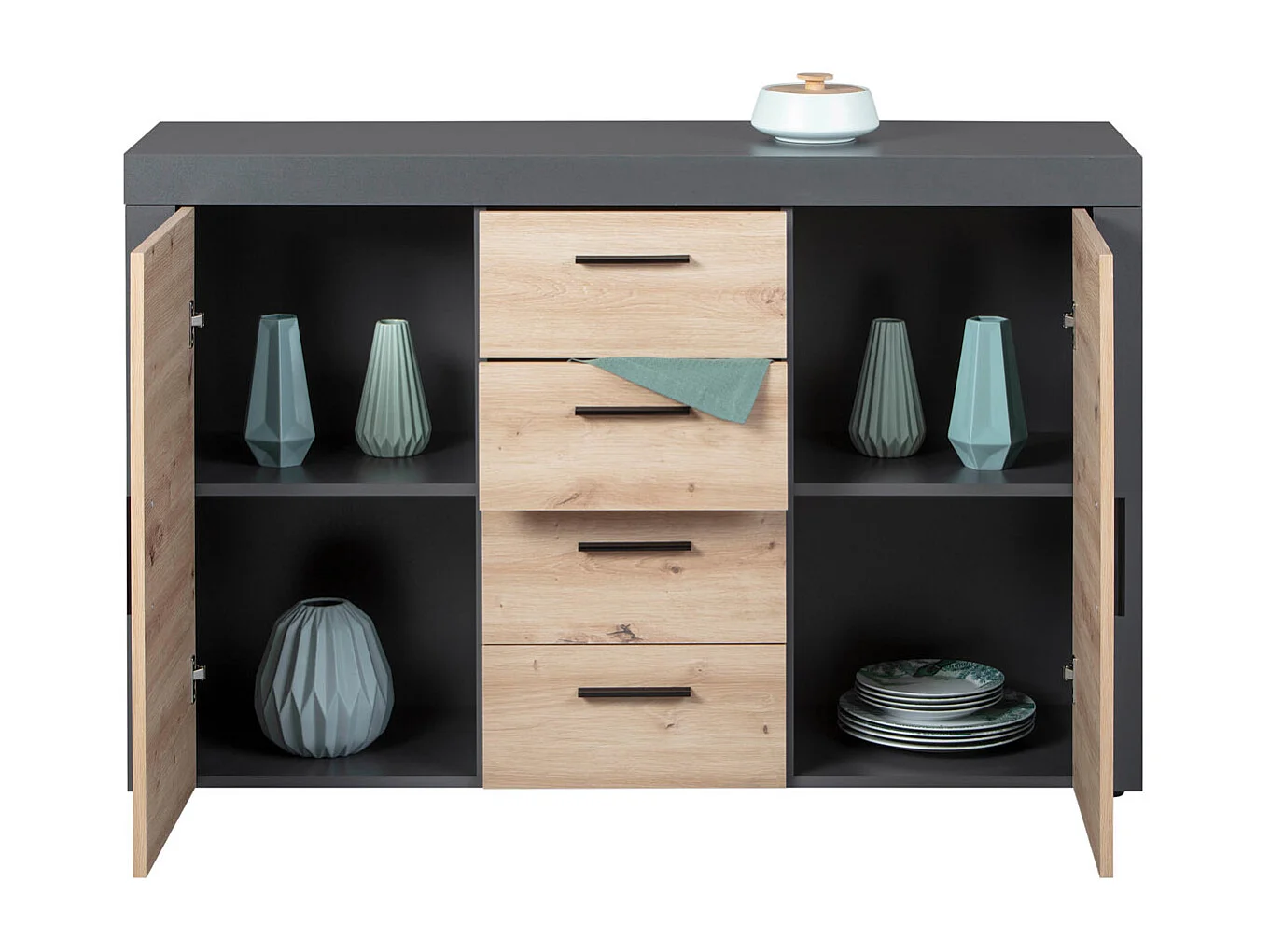 Corbeto2T4S kommode 4 laden, 2 deurenantraciet, eiken Artisanale decor.