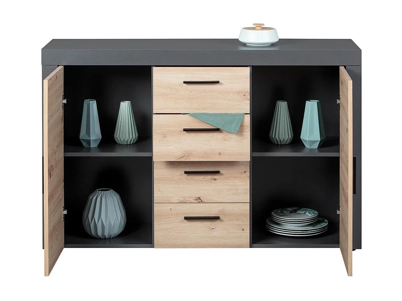 Corbeto2T4S kommode 4 laden, 2 deurenantraciet, eiken Artisanale decor.