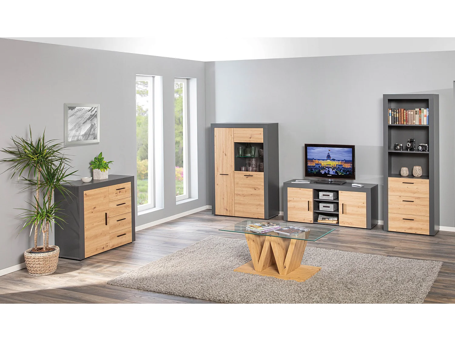 Corbeto2T4S kommode 4 laden, 2 deurenantraciet, eiken Artisanale decor.