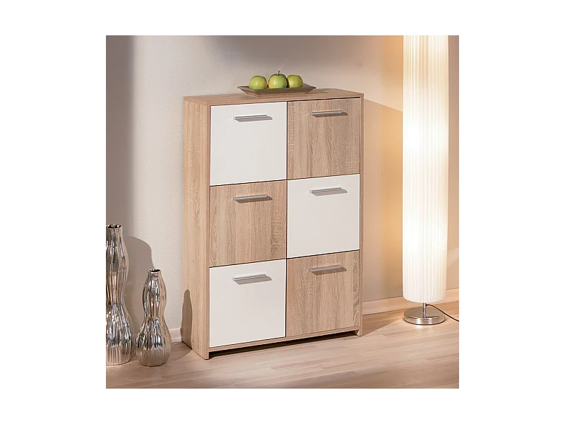 Commode 6 Portes "Victoria" 115cm Blanc & Naturel