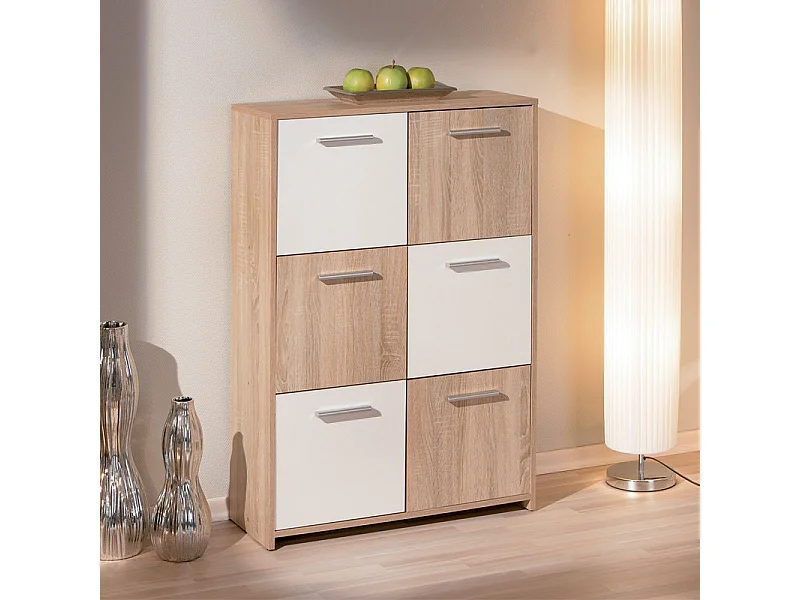 Commode 6 Portes "Victoria" 115cm Blanc & Naturel