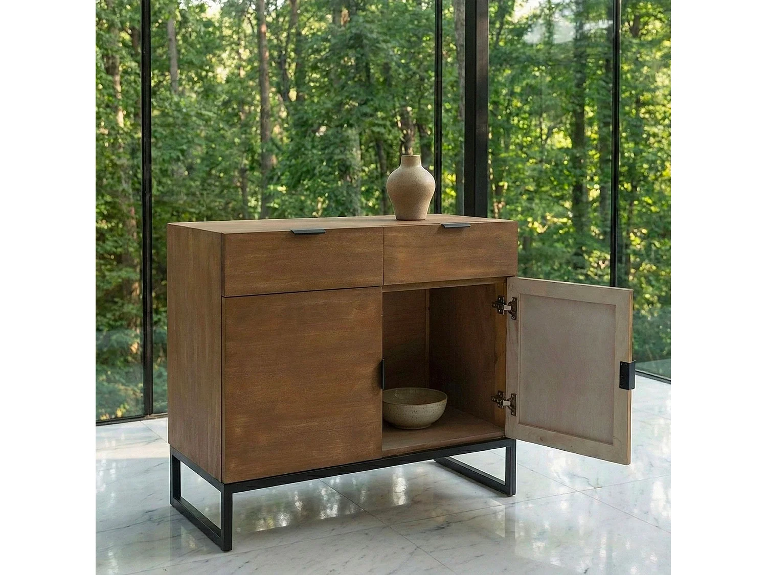 Commode 2 Tiroirs & 2 Portes "Bolta" 79cm Naturel