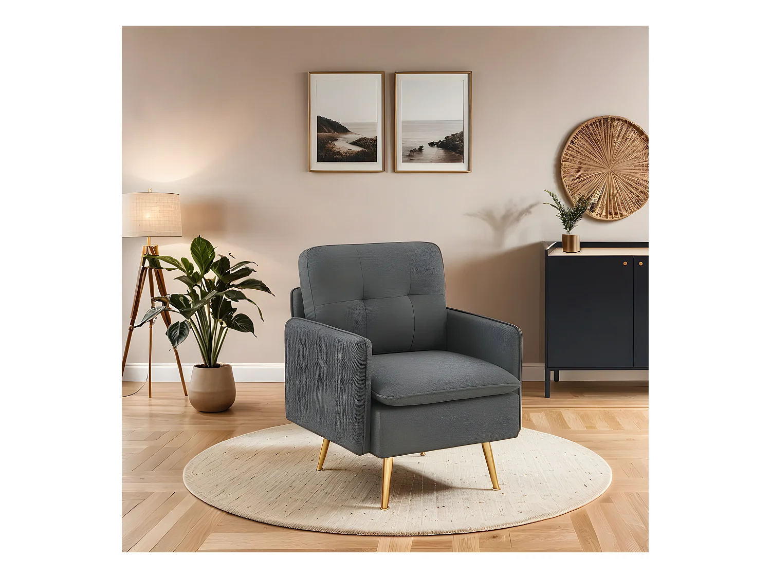 Fauteuil ADAM tissu anthracite avec piètement en métal doré