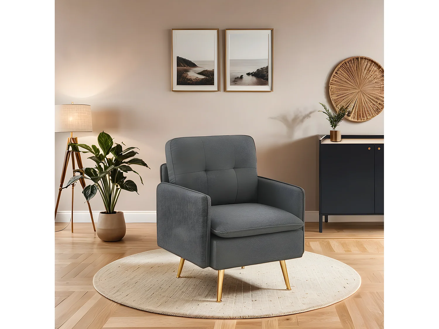 Fauteuil ADAM tissu anthracite avec piètement en métal doré