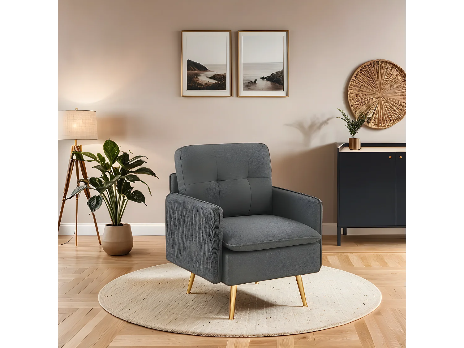 Fauteuil ADAM tissu anthracite avec piètement en métal doré
