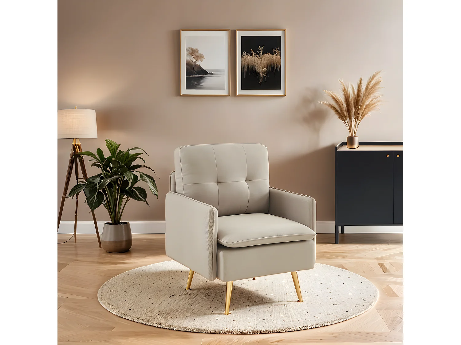 Fauteuil ADAM tissu grège avec piètement en métal doré