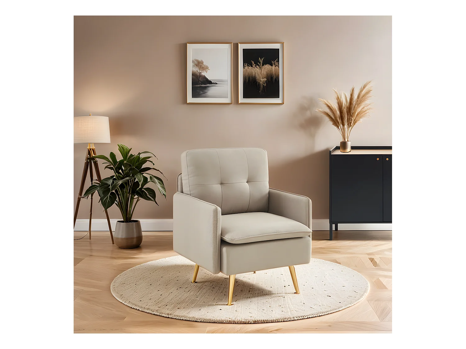 Fauteuil ADAM tissu grège avec piètement en métal doré