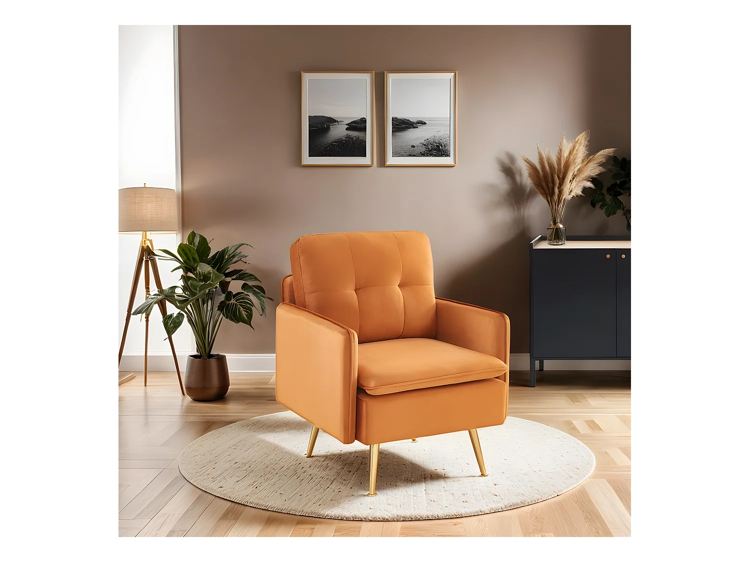 Fauteuil ADAM velours rouille avec piètement en métal doré