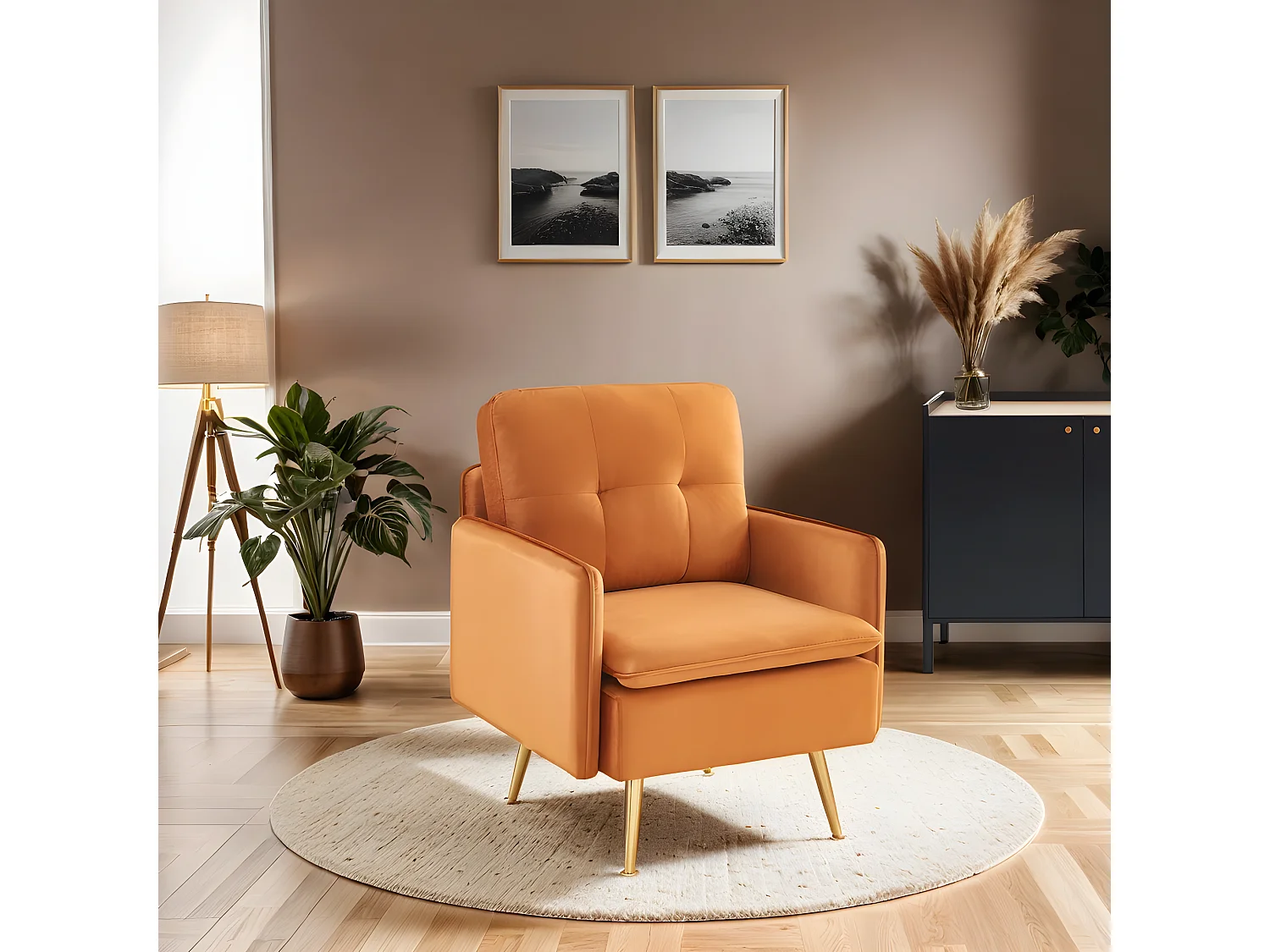 Fauteuil ADAM velours rouille avec piètement en métal doré