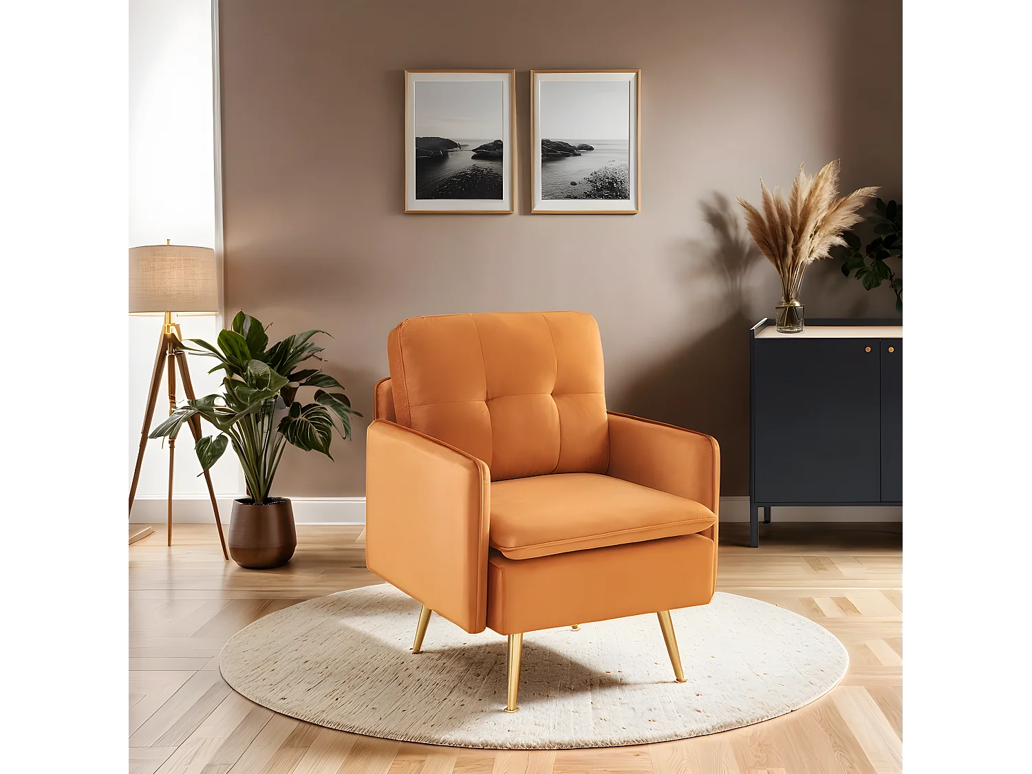 Fauteuil ADAM velours rouille avec piètement en métal doré