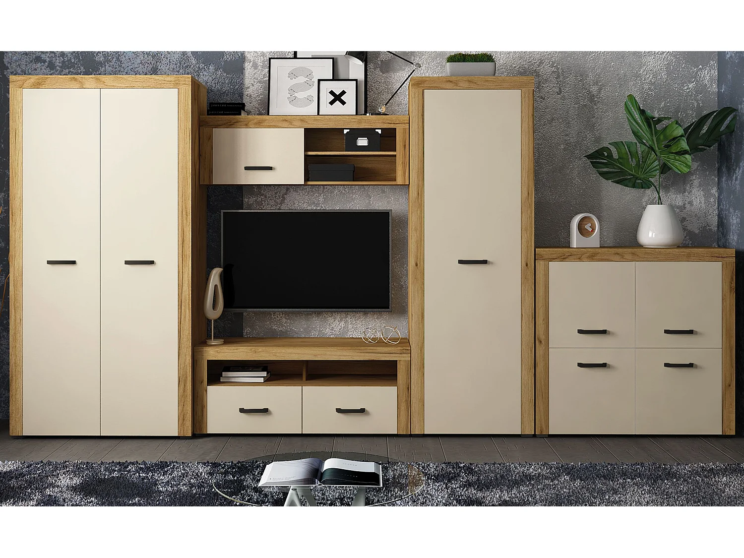 Meuble TV 2 Tiroirs "Varoy" 120cm Chêne Clair