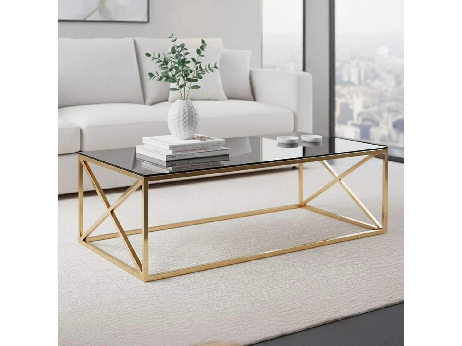 Table Basse Verre Design "Gladis" 120cm Or & Noir