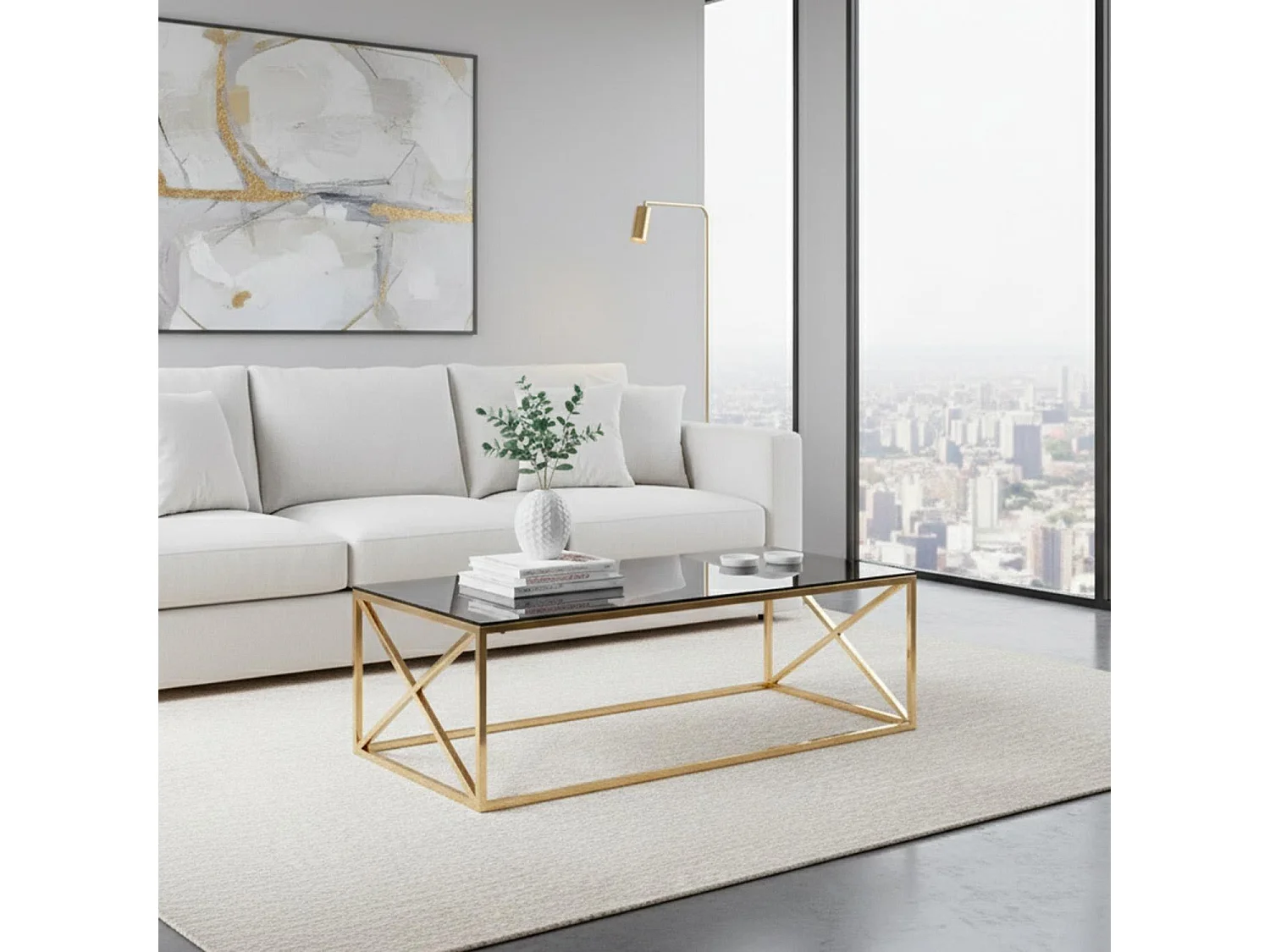 Table Basse Verre Design "Gladis" 120cm Or & Noir