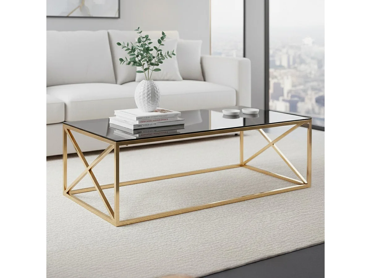 Table Basse Verre Design "Gladis" 120cm Or & Noir