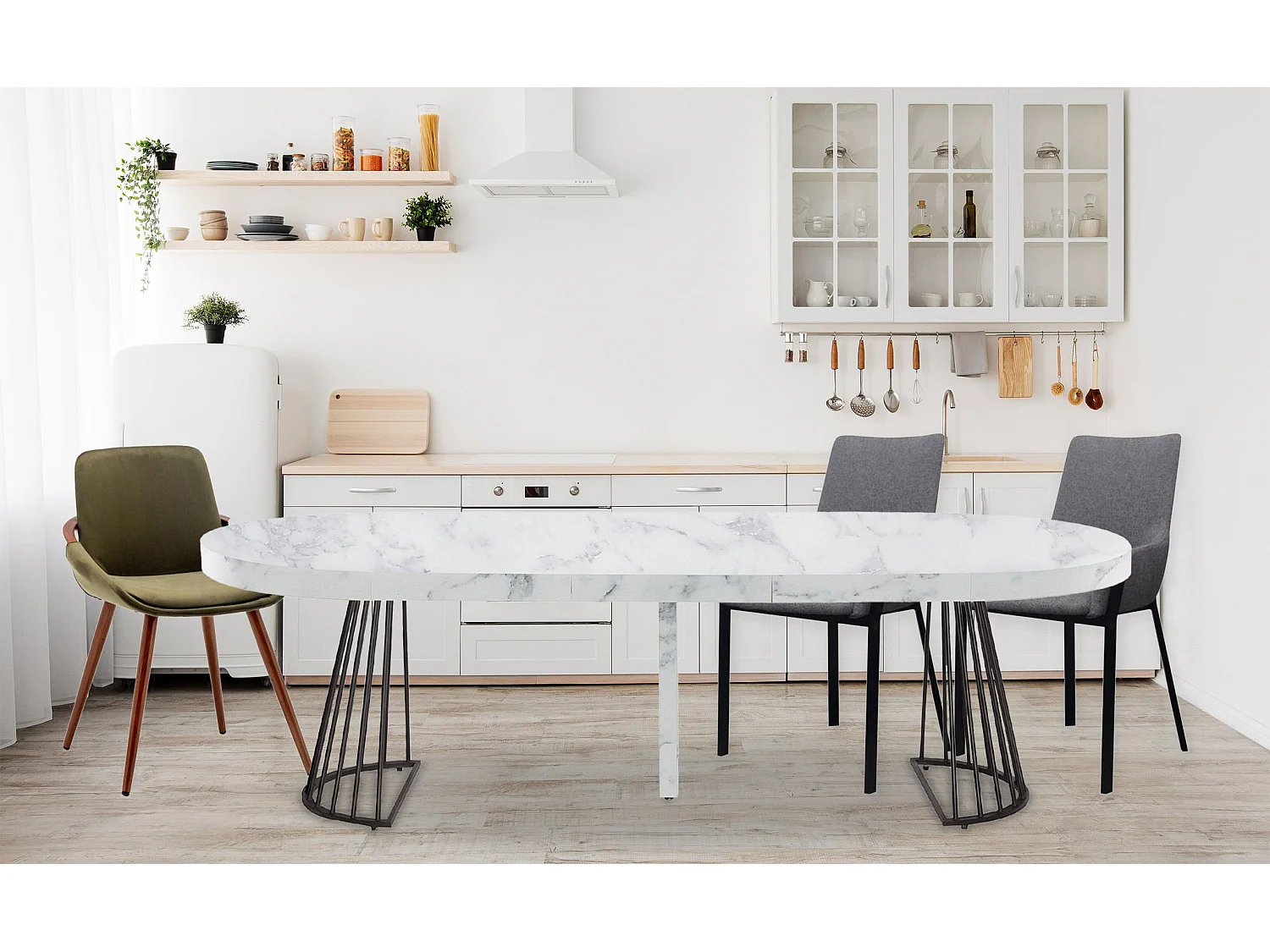 Table ronde extensible Grivery Effet marbre Blanc et pieds Noir
