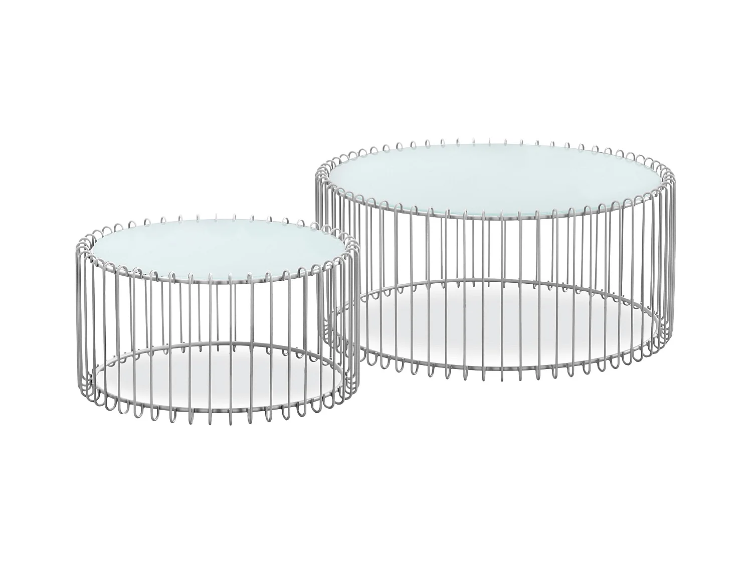 Set di 2 tavolini universo in vetro bianco e metallo grigio