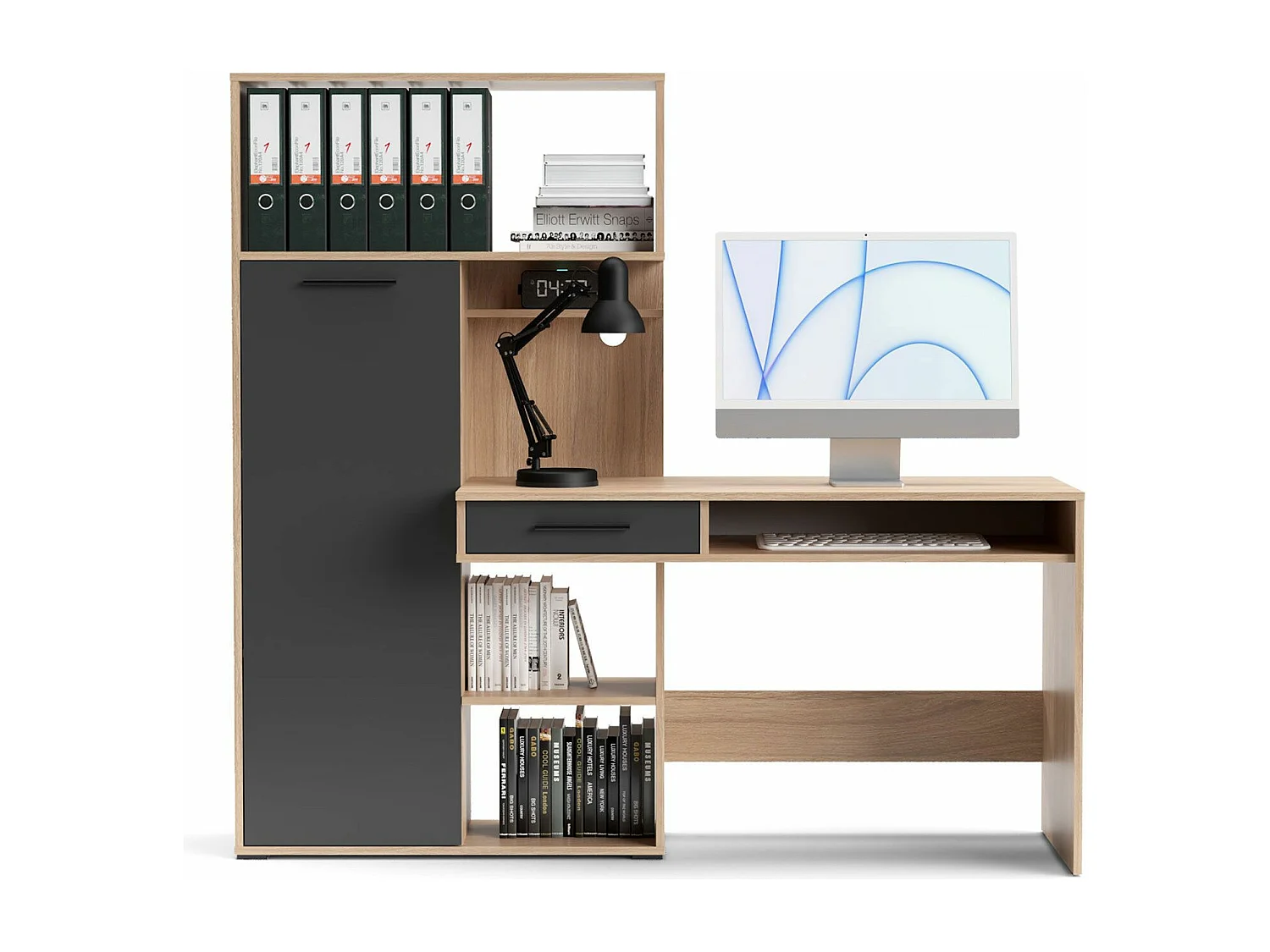 Bureau avec armoire de rangement L150cm Hobbun Bois clair et Gris