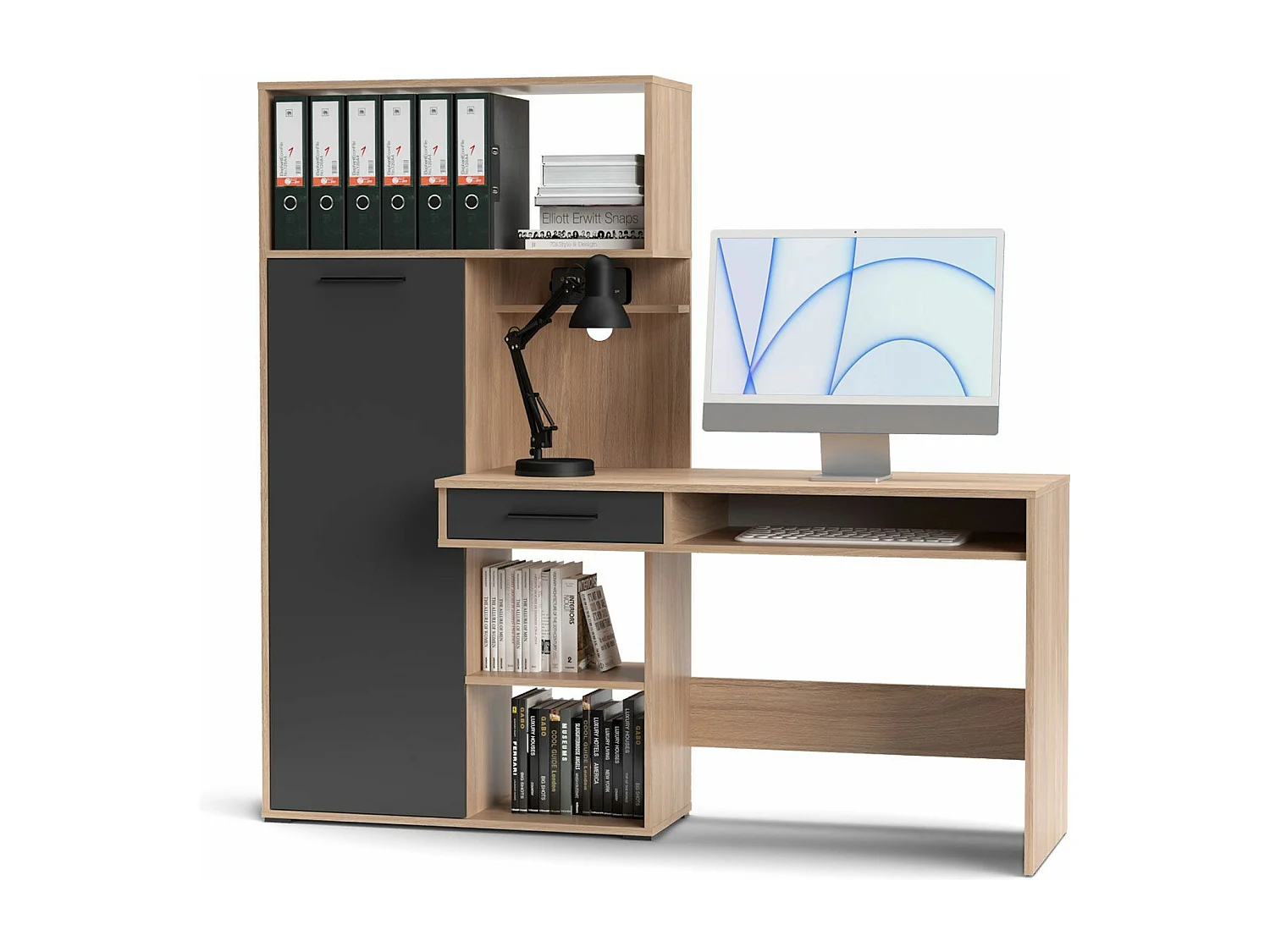 Bureau avec armoire de rangement L150cm Hobbun Bois clair et Gris